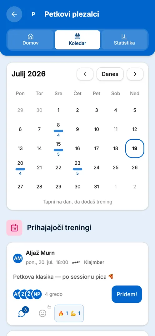 Koledar sessionov skupine s potrditvami udeležbe