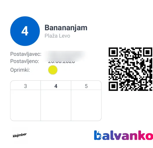 Natisljiva kartica balvana Balvanko z oceno, oprimki in QR kodo