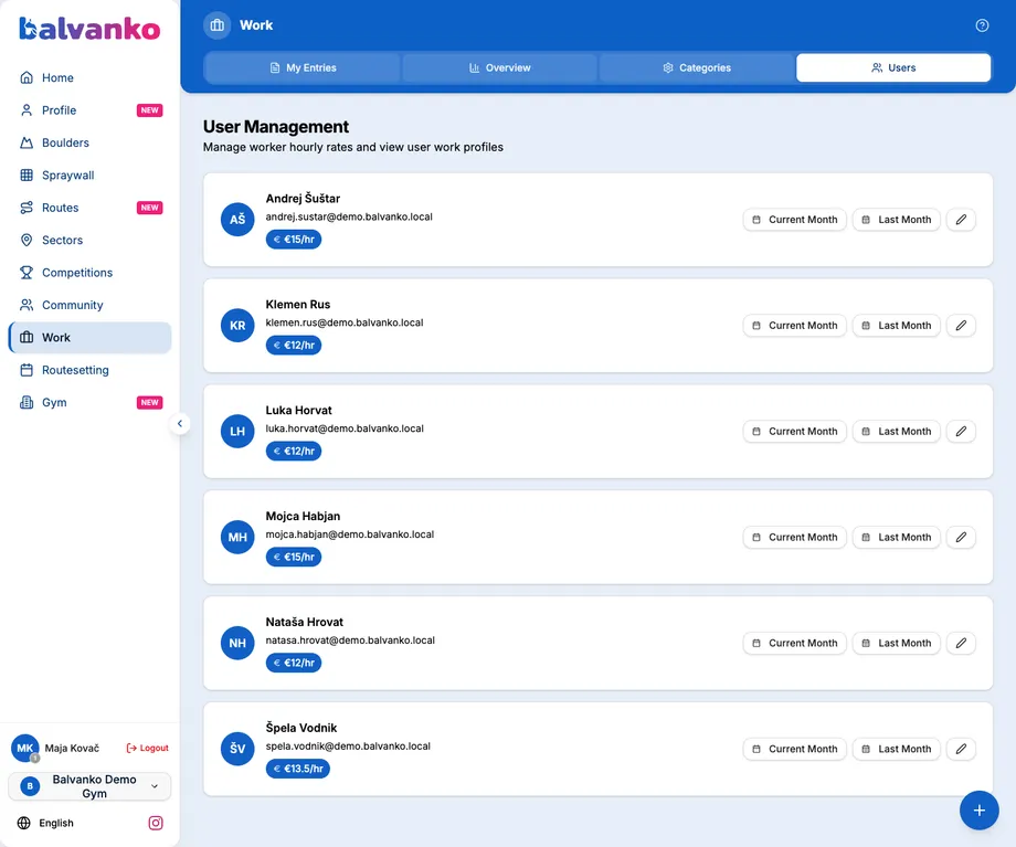 Zaslon za upravljanje uporabnikov Balvanko, ki prikazuje zaposlenega z osebno urno postavko